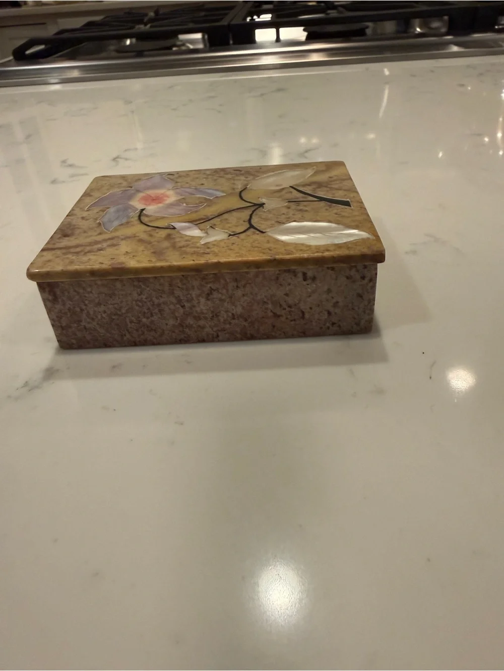 Vintage Soapstone Trinket Box Mother of Pearl Floral Inlay with Lid